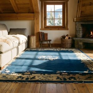 Antique 1900s Rectangle Hand Knotted Pile Wool Blue Rug (SKU 24371) - room view