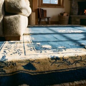 Antique 1900s Rectangle Hand Knotted Pile Wool Blue Rug (SKU 24371) - in-room detail