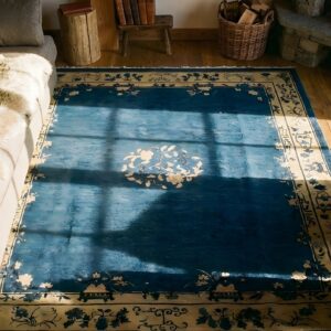 Antique 1900s Rectangle Hand Knotted Pile Wool Blue Rug (SKU 24371) - styled overhead view