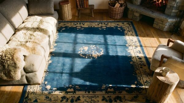Antique 1900s rectangle hand knotted pile wool blue rug (sku 24371) - styled overhead view