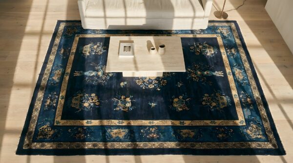 Wool 1900s room size rectangle knotted chinese - peking antique blue rug (sku 25583) - styled overhead view