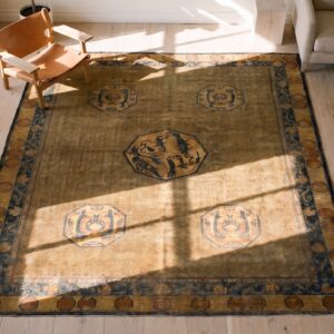 1900s Solid Brown Field Dragon Medallion Antique Chinese Handknotted Wool Rug (SKU 21587) - styled overhead view