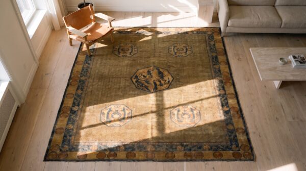 1900s solid brown field dragon medallion antique chinese handknotted wool rug 2 1900s solid brown field dragon medallion antique chinese handknotted wool rug (sku 21587) - styled overhead view