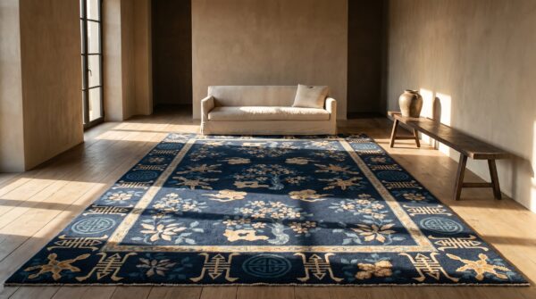 1900s antique square chinese knotted - peking wool blue small scatter size rug 7 1900s antique square chinese knotted - peking wool blue small scatter size rug (sku 23279) - room view