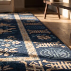 1900s Antique Square Chinese Knotted - Peking Wool Blue Small Scatter Size Rug (SKU 23279) - in-room detail