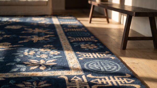 1900s antique square chinese knotted - peking wool blue small scatter size rug 8 1900s antique square chinese knotted - peking wool blue small scatter size rug (sku 23279) - in-room detail