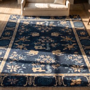 1900s Antique Square Chinese Knotted - Peking Wool Blue Small Scatter Size Rug (SKU 23279) - styled overhead view