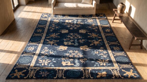 1900s antique square chinese knotted - peking wool blue small scatter size rug 2 1900s antique square chinese knotted - peking wool blue small scatter size rug (sku 23279) - styled overhead view