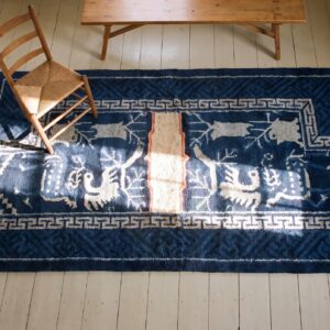 Hand Knotted Pile 1920s Wool Allover Blue Antique Chinese Rug (SKU 21983) - styled overhead view