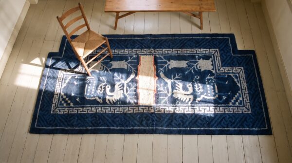 Hand knotted pile 1920s wool allover blue antique chinese rug (sku 21983) - styled overhead view