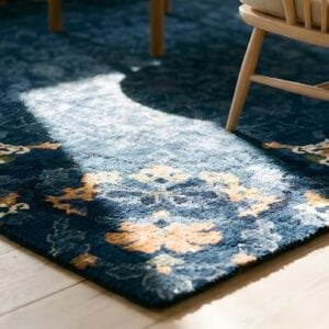 1920s Antique Wool Allover Floral Rectangle Blue Hand Knotted Pile Rug (SKU 25443) - in-room detail