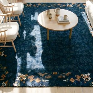 1920s Antique Wool Allover Floral Rectangle Blue Hand Knotted Pile Rug (SKU 25443) - styled overhead view