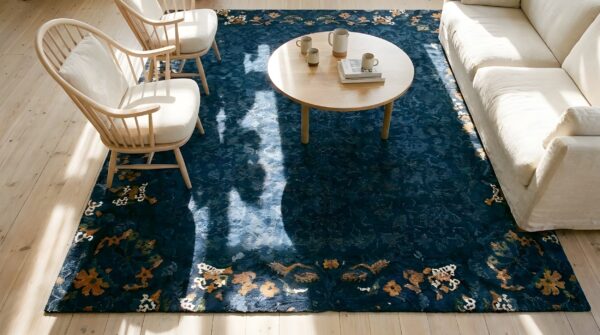 1920s antique wool allover floral rectangle blue hand knotted pile rug 2 1920s antique wool allover floral rectangle blue hand knotted pile rug (sku 25443) - styled overhead view