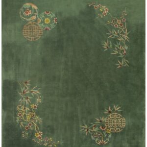 1920s Antique Bold Green Field Handknotted Wool Chinese Art Deco Carpet Rug