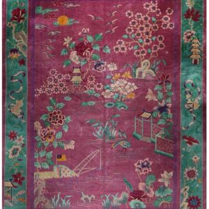 1920s Antique Pink Open Field Pictorial Room Size Knotted Chinese Art Deco Rug