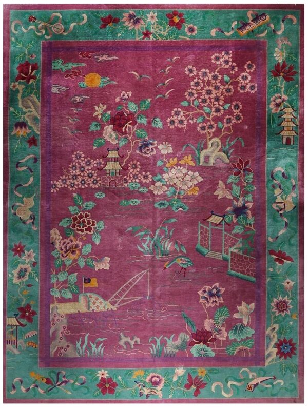 1920s antique pink open field pictorial room size knotted chinese art deco rug