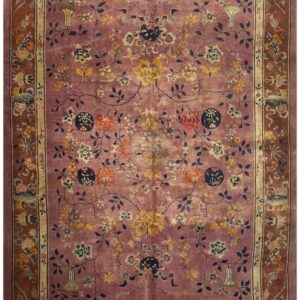 1920s Antique Pink Rose Modernist Floral Knotted Wool Chinese Art Deco Rug