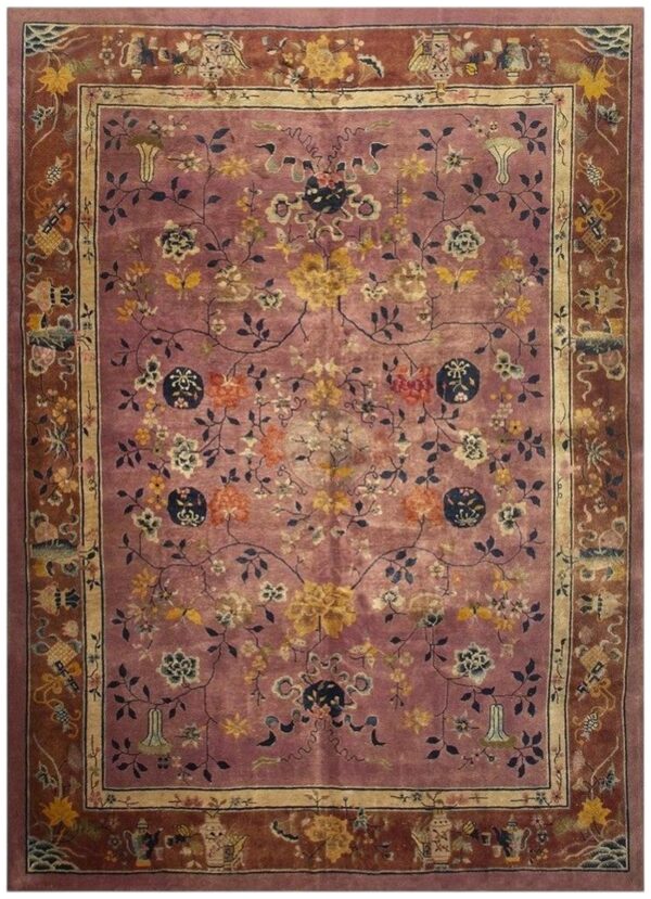 1920s antique pink rose modernist floral knotted wool chinese art deco rug 1 1920s antique pink rose modernist floral knotted wool chinese art deco rug