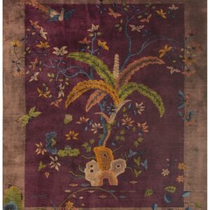 1920s Antique Purple Field Modern Handknotted Wool Chinese Art Deco Carpet Rug