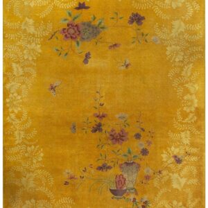 1920s Antique Yellow Field Flowers Border Knotted Chinese Art Deco Carpet Rug