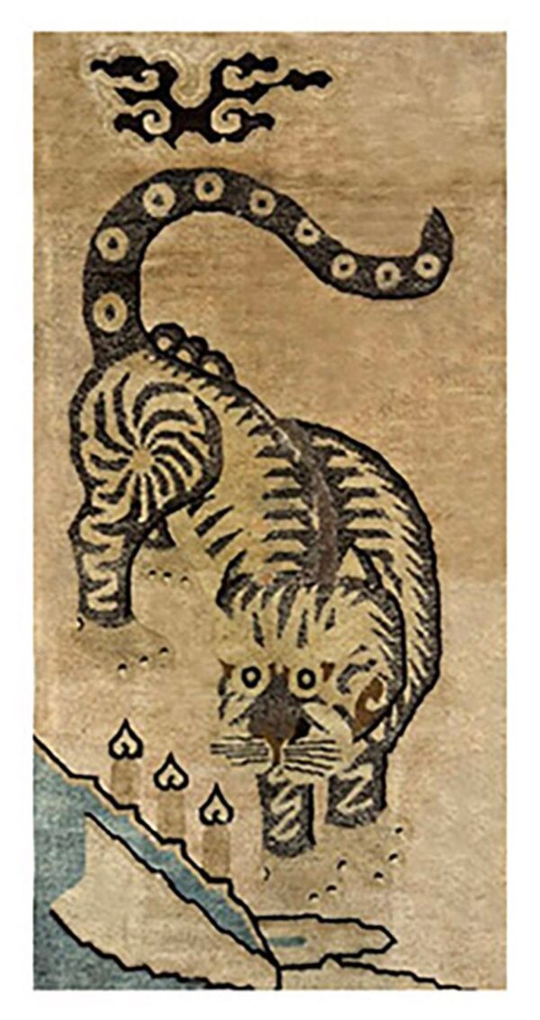 1920s beige field traditional antique chinese tiger motif asian pictorial rug 2 1920s beige field traditional antique chinese tiger motif asian pictorial rug - detail view 1