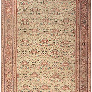 1920s Beige Room Size Antique Allover Floral Knotted Wool Mahal Rug