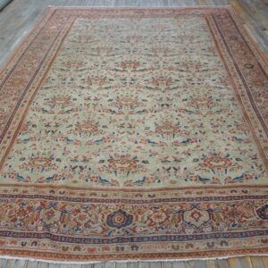 1920s Beige Room Size Antique Allover Floral Knotted Wool Mahal Rug - detail view 1