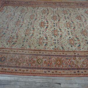 1920s Beige Room Size Antique Allover Floral Knotted Wool Mahal Rug - detail view 3