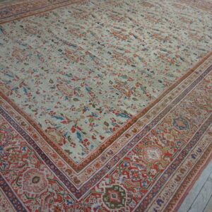 1920s Beige Room Size Antique Allover Floral Knotted Wool Mahal Rug - detail view 5