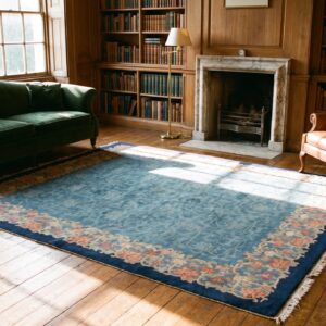 Wool Hand Knotted Pile 1920s Blue , Coral Rectangle Allover Floral Antique Rug (SKU 23048) - room view