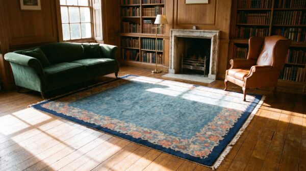 Wool hand knotted pile 1920s blue , coral rectangle allover floral antique rug 8 Wool hand knotted pile 1920s blue , coral rectangle allover floral antique rug (sku 23048) - room view