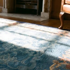 Wool Hand Knotted Pile 1920s Blue , Coral Rectangle Allover Floral Antique Rug (SKU 23048) - in-room detail