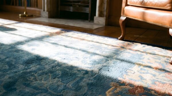 Wool hand knotted pile 1920s blue , coral rectangle allover floral antique rug 9 Wool hand knotted pile 1920s blue , coral rectangle allover floral antique rug (sku 23048) - in-room detail