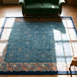 Wool Hand Knotted Pile 1920s Blue , Coral Rectangle Allover Floral Antique Rug (SKU 23048) - styled overhead view
