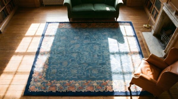 Wool hand knotted pile 1920s blue , coral rectangle allover floral antique rug 2 Wool hand knotted pile 1920s blue , coral rectangle allover floral antique rug (sku 23048) - styled overhead view