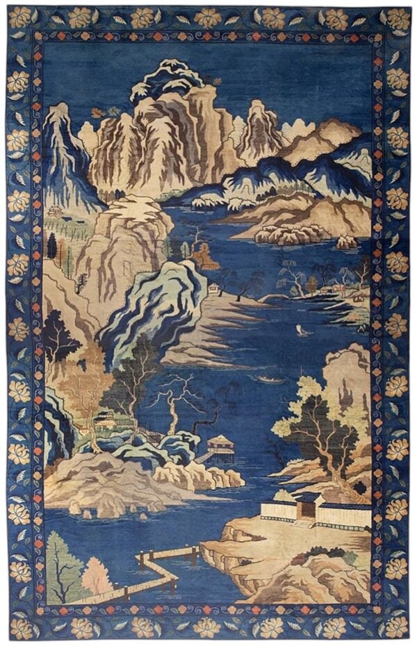 1920s blue grand scale antique chinese peking scenic pictorial wool gallery rug 1 1920s blue grand scale antique chinese peking scenic pictorial wool gallery rug