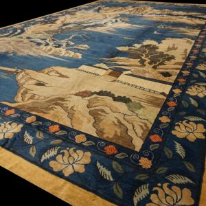 1920s Blue Grand Scale Antique Chinese Peking Scenic Pictorial Wool Gallery Rug - detail view 1