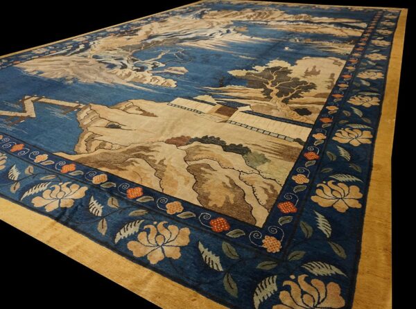 1920s blue grand scale antique chinese peking scenic pictorial wool gallery rug 2 1920s blue grand scale antique chinese peking scenic pictorial wool gallery rug - detail view 1