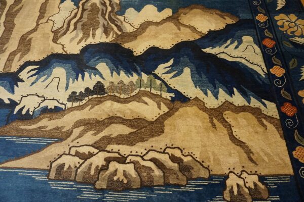 1920s blue grand scale antique chinese peking scenic pictorial wool gallery rug 4 1920s blue grand scale antique chinese peking scenic pictorial wool gallery rug - detail view 3