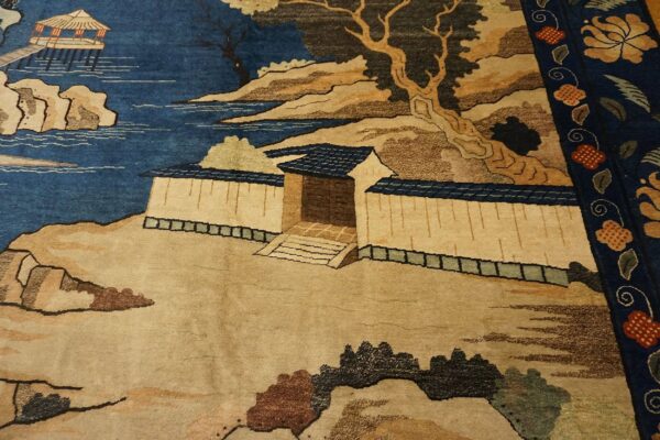 1920s blue grand scale antique chinese peking scenic pictorial wool gallery rug 5 1920s blue grand scale antique chinese peking scenic pictorial wool gallery rug - detail view 4