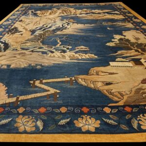 1920s Blue Grand Scale Antique Chinese Peking Scenic Pictorial Wool Gallery Rug - detail view 6