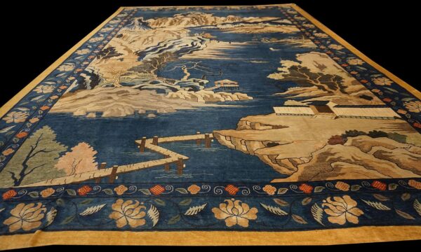 1920s blue grand scale antique chinese peking scenic pictorial wool gallery rug 7 1920s blue grand scale antique chinese peking scenic pictorial wool gallery rug - detail view 6