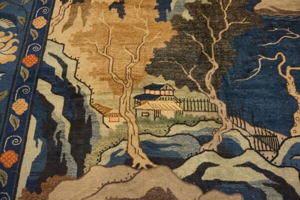 1920s blue grand scale antique chinese peking scenic pictorial wool gallery rug 8 1920s blue grand scale antique chinese peking scenic pictorial wool gallery rug - detail view 7