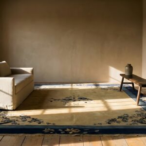 Wool Antique 1920s Blue Ivory Beige Cream White Rectangle Hand Knotted Pile Rug (SKU 24621) - room view