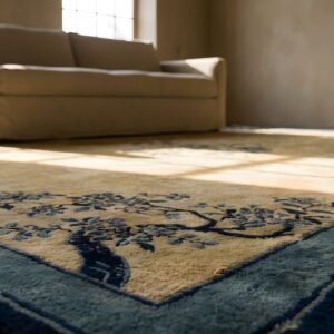 Wool Antique 1920s Blue Ivory Beige Cream White Rectangle Hand Knotted Pile Rug (SKU 24621) - in-room detail