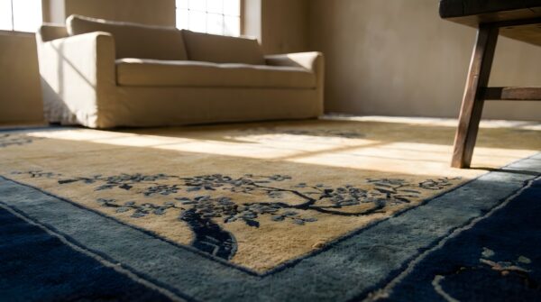 Wool antique 1920s blue ivory beige cream white rectangle hand knotted pile rug 11 Wool antique 1920s blue ivory beige cream white rectangle hand knotted pile rug (sku 24621) - in-room detail