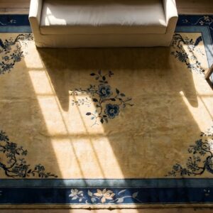 Wool Antique 1920s Blue Ivory Beige Cream White Rectangle Hand Knotted Pile Rug (SKU 24621) - styled overhead view