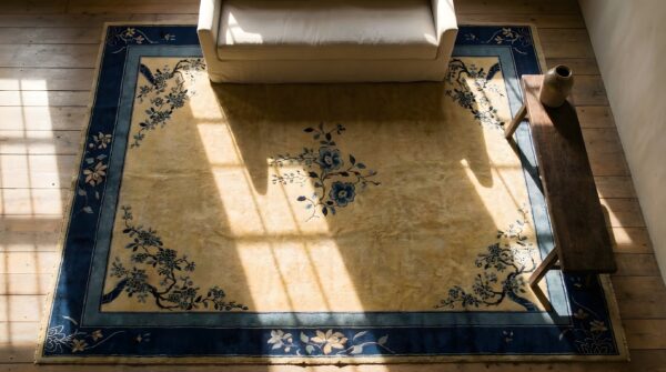 Wool antique 1920s blue ivory beige cream white rectangle hand knotted pile rug 2 Wool antique 1920s blue ivory beige cream white rectangle hand knotted pile rug (sku 24621) - styled overhead view