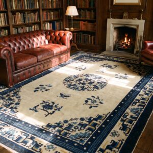 Wool 1920s Blue Ivory Beige Cream White Hand Knotted Pile Rectangle Antique Rug (SKU 24676) - room view