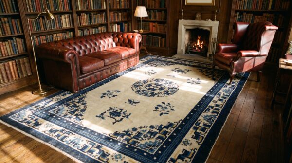 Wool 1920s blue ivory beige cream white hand knotted pile rectangle antique rug 10 Wool 1920s blue ivory beige cream white hand knotted pile rectangle antique rug (sku 24676) - room view